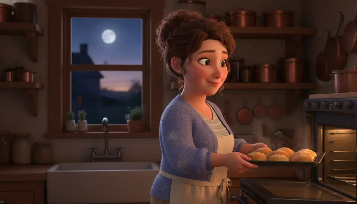 A baker lifts a tray of golden rolls from the oven at four in the morning, smiling, the moon high in the kitchen window.