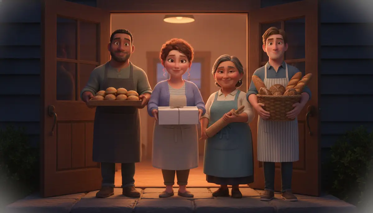 Four home bakers stand together in a warm lit doorway at dusk, all of them smiling, holding a tray of rolls, a box tied with string, a rolling pin and a basket of bread.