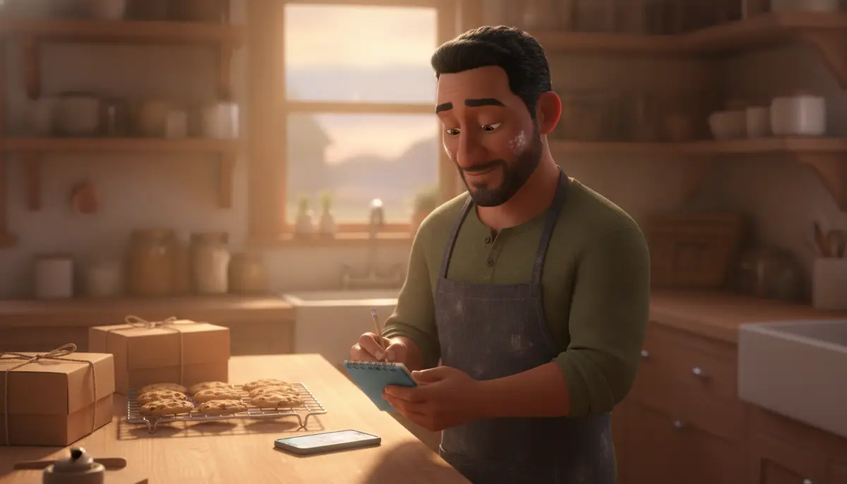 Morning in a home kitchen: a baker writes an order on a small notepad by the stove, a phone lit beside a rack of cookies and two boxes tied with string.