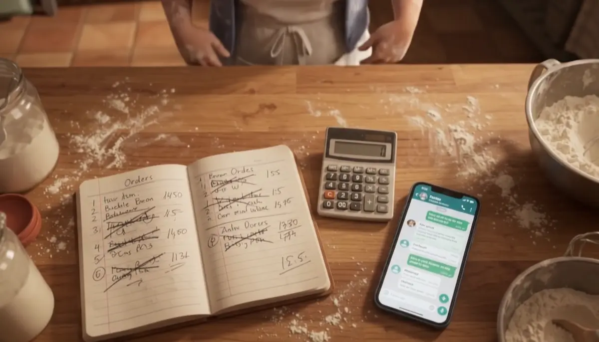 A floured kitchen table at the end of a day: an order book with names and prices half crossed out, a calculator, and a phone open on a chat thread.
