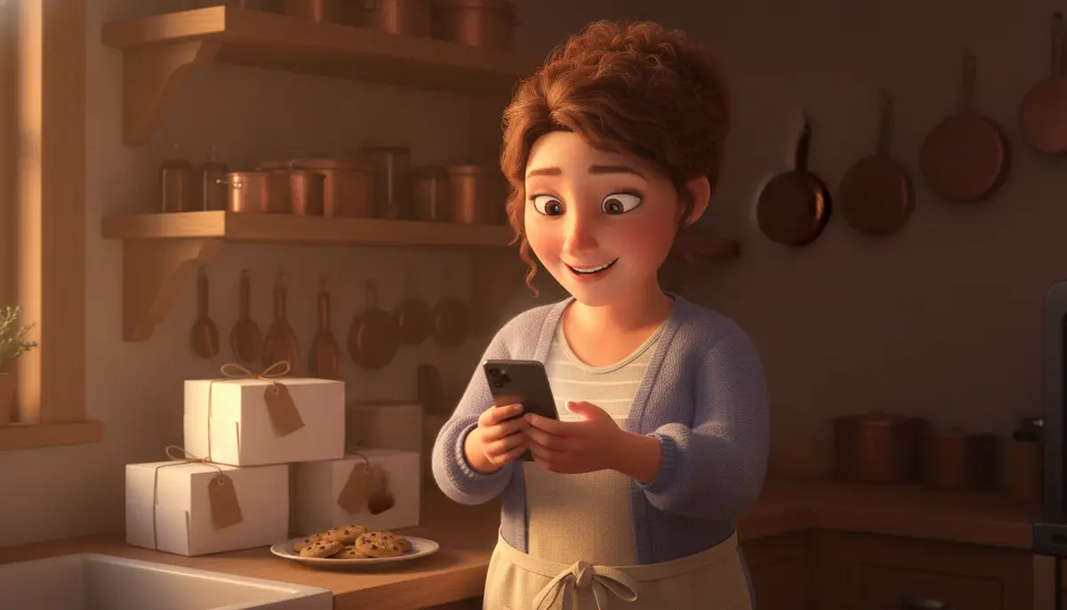 Evening light in a home kitchen: a baker laughs at a phone, three bakery boxes with blank tags and a plate of cookies on the counter behind.
