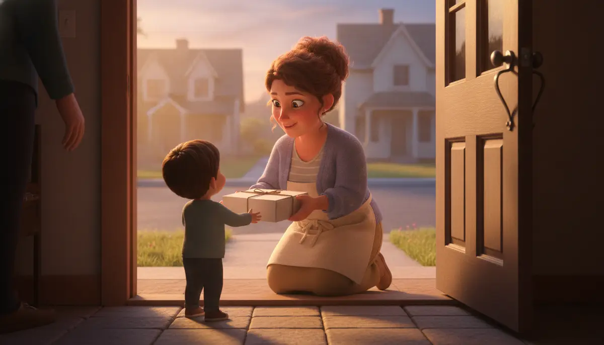 A baker kneels in an open front door at sunrise, handing a bakery box to a small child on the step, a parent waiting just out of view.