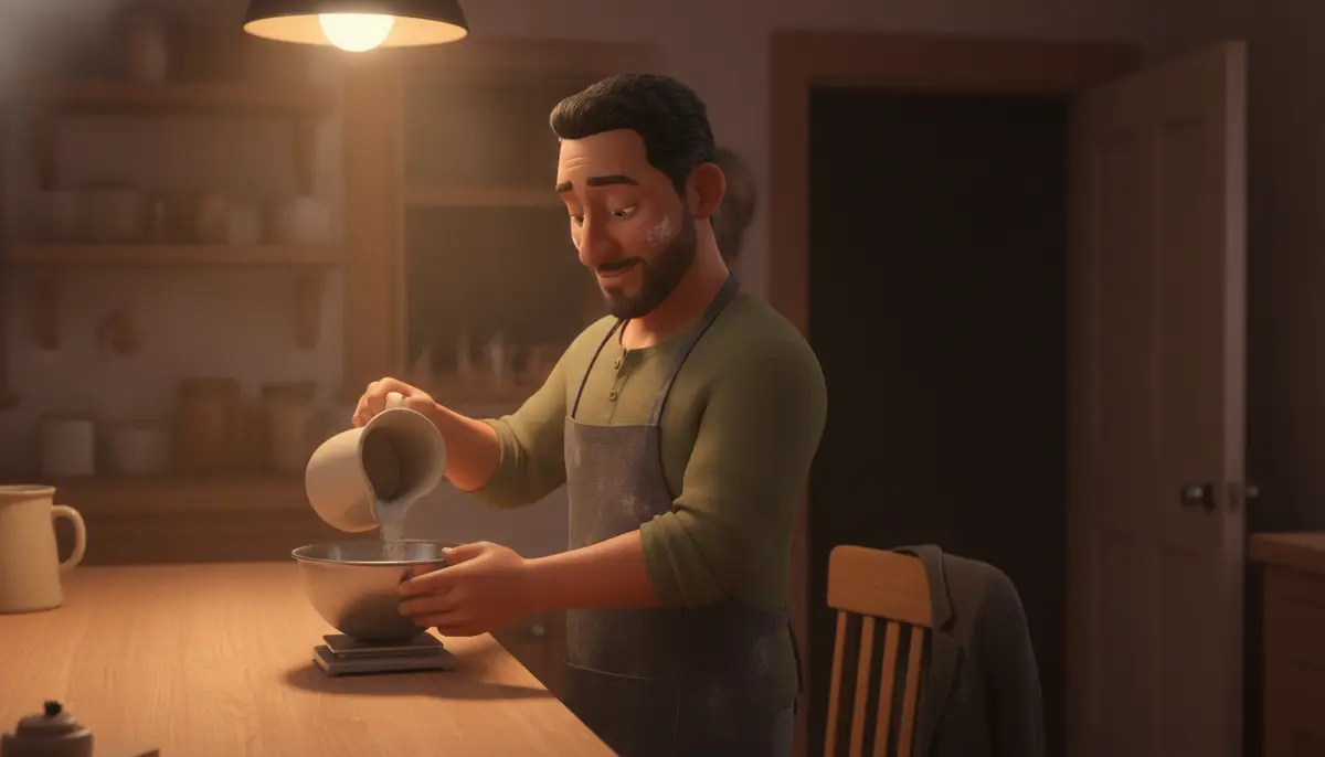 Late at night in a home kitchen, one lamp lit and the rest of the house dark: a baker still in the clothes they worked in weighs flour into a bowl on a kitchen scale, a work jacket over the chair behind them.