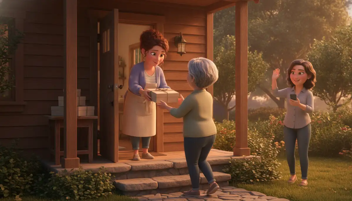 Golden hour on a front porch: a baker hands a bakery box tied with string to a neighbour on the step while a second neighbour comes up the path, a stack of boxes waiting on a table by the door.